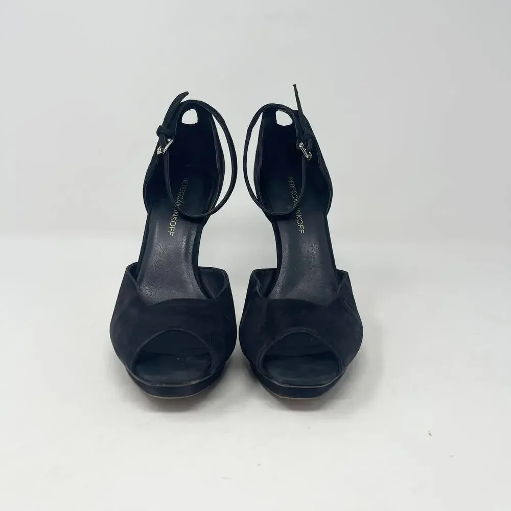 Rebecca Minkoff Ivy Peep Toe Pump Womens 8M Black Suede Ankle Strap Dressy Party
